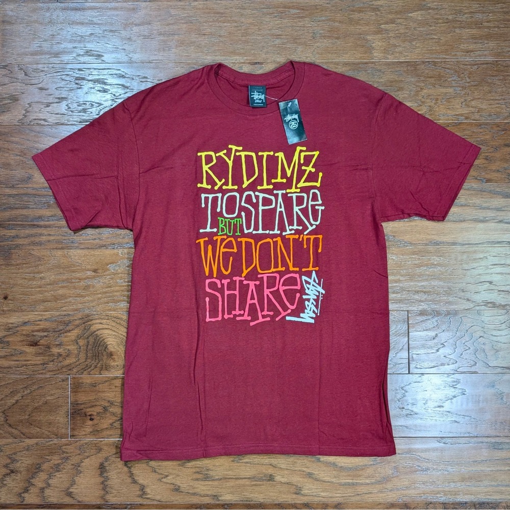 Stussy Rydimz To Spare Men's T-Shirt Burgundy Maroon Large 20.5x30 NWT